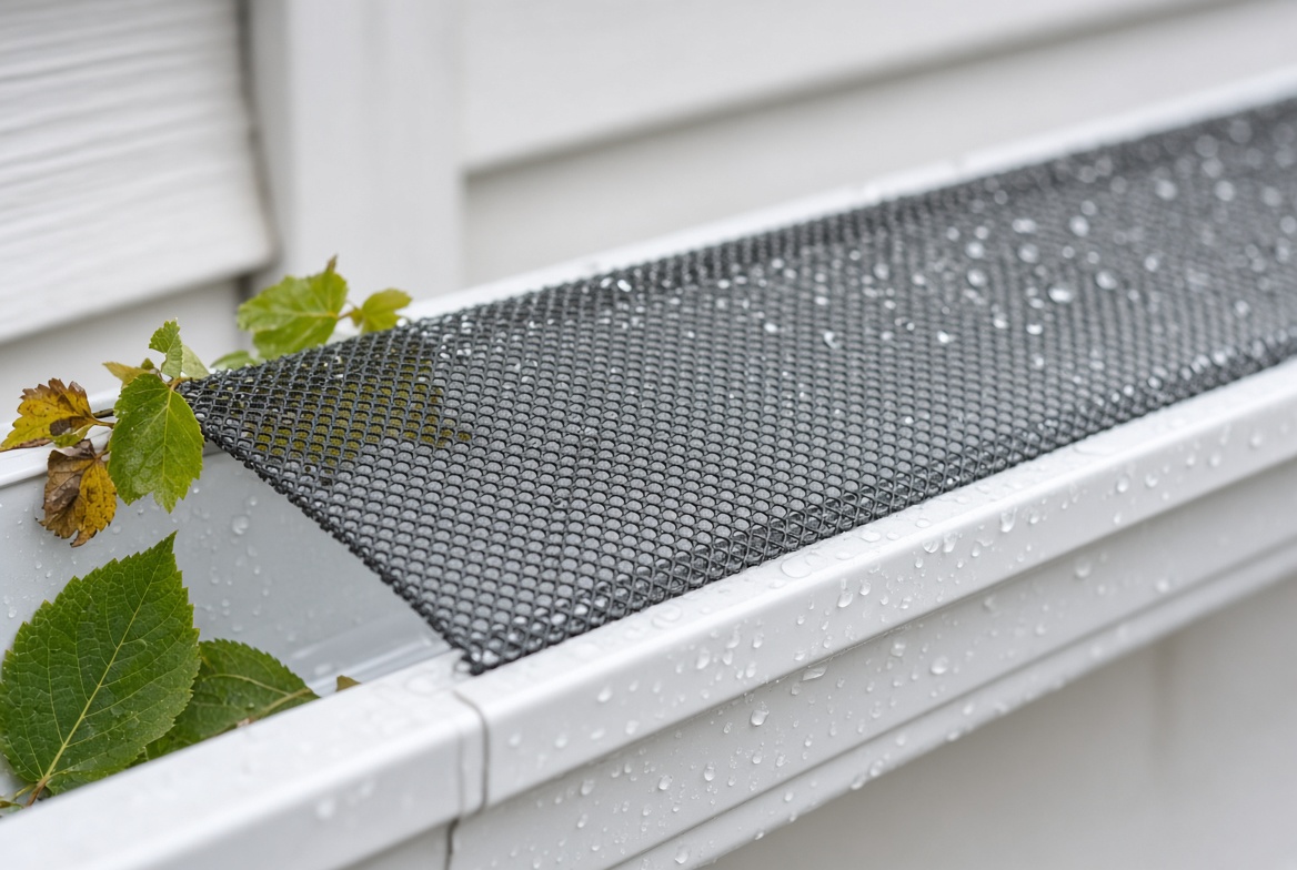 Fine mesh gutter guard on a white gutter with a few leaves beside it