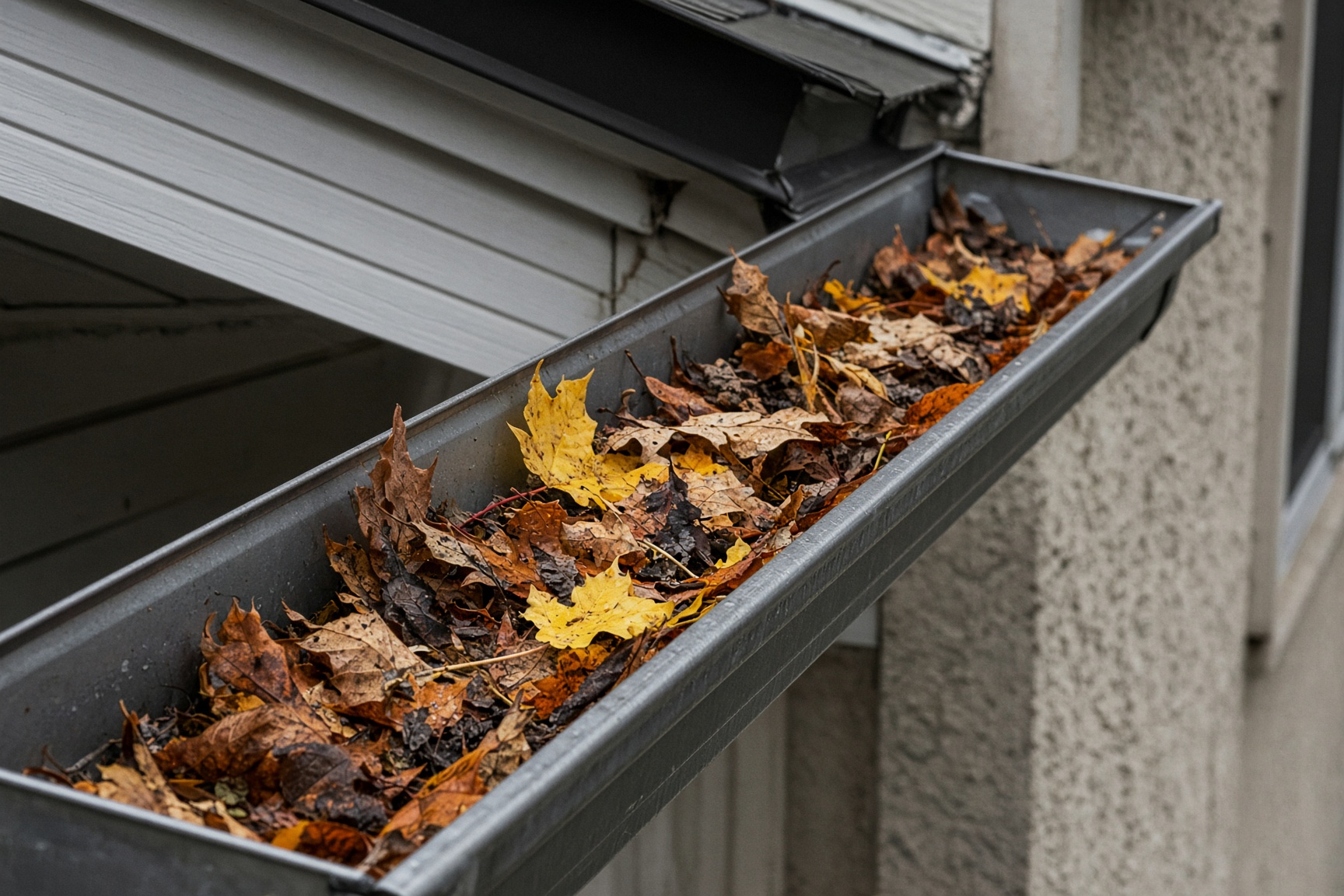 Fallen leaves sitting in an open metal gutter